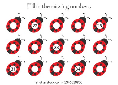 Game with ladybugs for children, fill in the missing numbers, middle level, education game for kids, school worksheet activity, task for the development of logical thinking, vector illustration