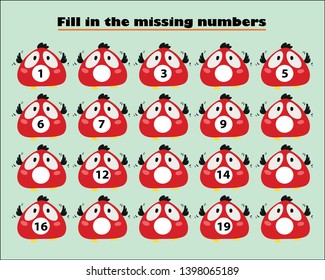 Game with ladybugs for children, fill in the missing numbers, middle level, education game for kids, school worksheet activity, task for the development of logical thinking, vector illustration.