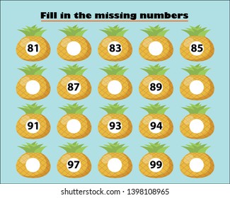 Game with ladybugs for children, fill in the missing numbers, middle level, education game for kids, school worksheet activity, task for the development of logical thinking, vector illustration.