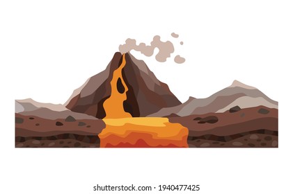 Game landscape. Cartoon design nature. Landscape of the valley of volcanoes from which lava breaks out