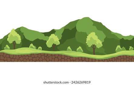 Spielelandschaft. In: Cartoon Design Nature. Landschaft des Bodenabschnitts. Abbildung der auf weißem Hintergrund isolierten Bodenscheibe mit Querschnitt