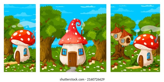 Paisaje del juego, caricatura casas de setas de hadas o pueblo gnomes, fondo vectorial. Pueblo de cuento de hadas con viviendas de elfo en hongos y nido de árboles, casas de encaje de hadas en el bosque para el paisaje de caza