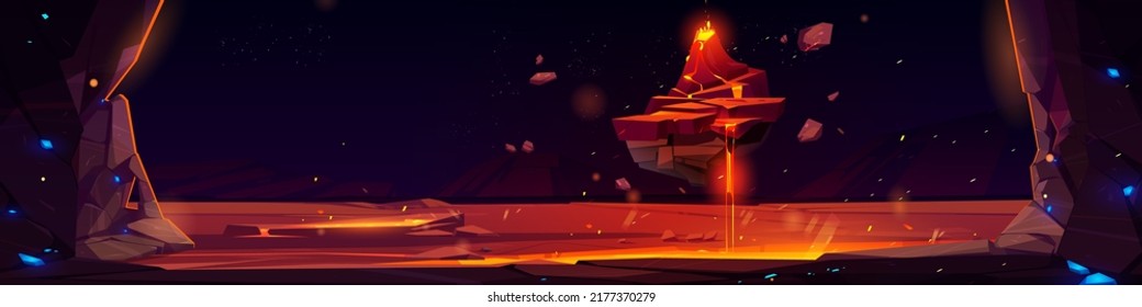 Game Landscape Of Dark Cave With Hot Lava And Volcano On Floating Island. Vector Cartoon Fantasy Illustration Of Underground Stone Tunnel With Molten Magma And Flying Volcano