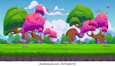 Game landscape with fairytale pink trees, white clouds and meadow. Cartoon vector fantasy game level parallax background with vegetation, blue sky and lush green field, invites for magical adventure