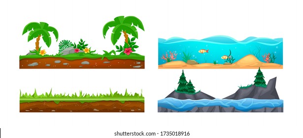 Game landscape, gaming interface. Landscape for 2D games. Ground surface with lawn grass, vegetation. Underwater world with sand, water, seaweed, fish, exotic tropical surface with palm trees vector