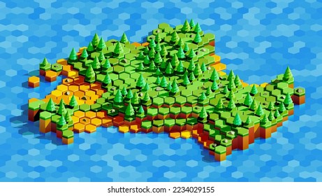 Game Landscape of Green Island With Fir Trees in the Ocean Out of Hexagonal Blocks. Vector Isometric Illustration