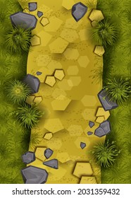 Game landscape top view background, vector yellow sand path ground level illustration, stone, bush, grass. Interface earth 2D scenery, rocks, green plants. Nature environment game landscape surface