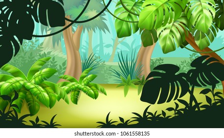 Game landscape with tropical jungle scene. Background vector illustration. - Shutterstock ID 1061558135