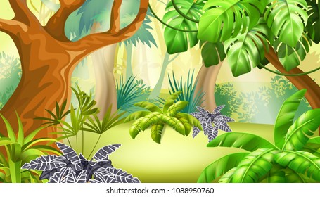 Game landscape with tropical jungle scene. Background vector illustration.