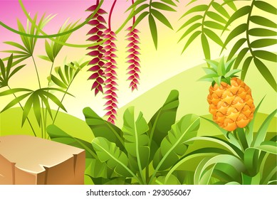 Game landscape with tropical jungle scene. Background vector illustration.