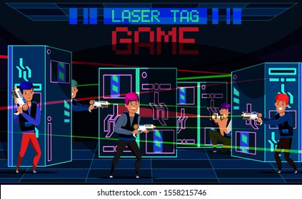 Game Laser tag vector illustration. Cartoon male shooting player flat characters. Gamers holding artificial laser weapon. Team play, game tactics concept. People leisure and pastime