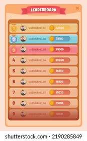 Game leaderboard with different ranks. Leaderboard Mobile Game User Interface GUI Assets. UI element