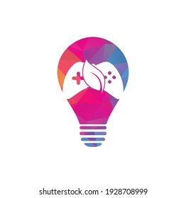 Plantilla de diseño de logotipo de concepto de forma de bombilla de juegos y hojas. Plantilla de diseño de logotipo para juegos y hojas.