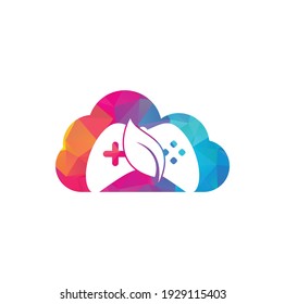 Game and leaf cloud shape concept logo design template. Gaming and leaf logo design template.