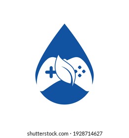 Game and leaf drop shape concept logo design template. Gaming and leaf logo design template.