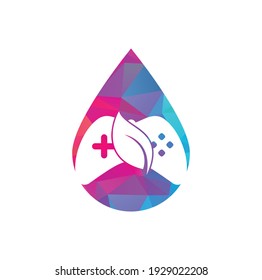 Game and leaf drop shape concept logo design template. Gaming and leaf logo design template.