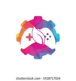 Game and leaf gear shape concept logo design template. Gaming and leaf logo design template