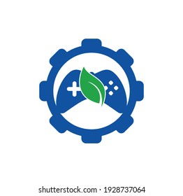 Game and leaf gear shape concept logo design template. Gaming and leaf logo design template
