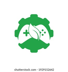 Game and leaf gear shape concept logo design template. Gaming and leaf logo design template