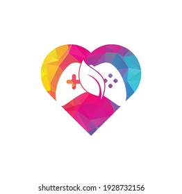 Game and leaf heart shape concept logo design template. Gaming and leaf logo design template.