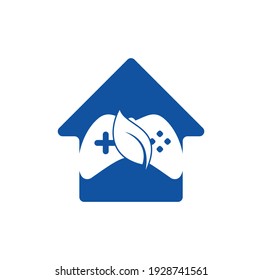 Game and leaf home shape concept logo design template. Gaming and leaf logo design template.