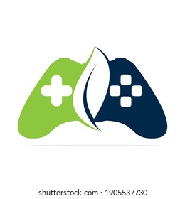 Game and leaf logo design template. Eco gaming logo vector design.