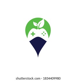 Game and leaf map pin shape concept logo design template. Gaming and leaf logo design template.