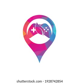 Game and leaf map pin shape concept logo design template. Gaming and leaf logo design template.