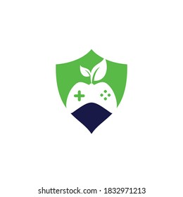 Game and leaf shield shape concept logo design template. Gaming and leaf logo design template.