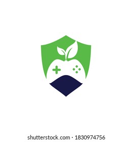 Game and leaf shield shape logo concept template design. Gaming and leaf logo design template.