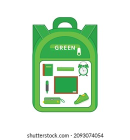 A game for learning colors. School supplies. Green. Vector illustration. Printing sheet for games with stickers or Velcro