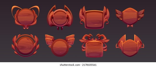 Game Level Or Avatar Frames, Ui Icons, Buttons, Ranking Badges Or Achievement Banners, Wooden Bordering Decor. Isolated Award Or Bonus Vector Graphic Elements For Rpg, 2d Design