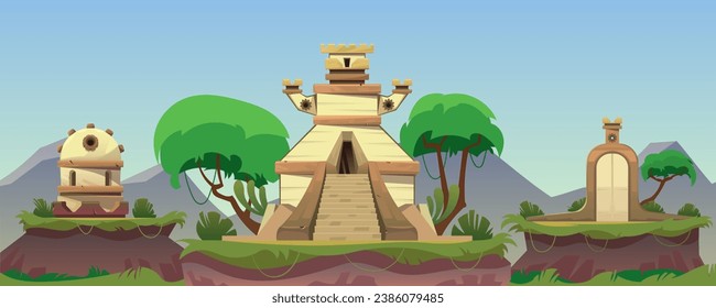 Fondo de juego con edificios antiguos en plataformas. Ubicación del juego con un templo de estilo azteca o maya. El paisaje de la selva panorámica, la arquitectura antigua. Ilustración de dibujos animados.