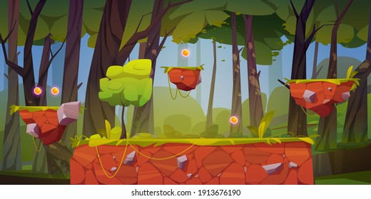 Game level background with platforms and items. Vector cartoon landscape of forest, trees, flying islands with green grass and shiny spheres for gui interface of arcade game