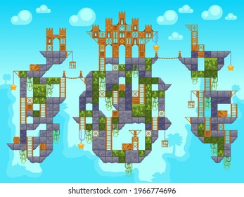 Game level background with platforms landscape. Location with wooden castles towers, stone or grass stages. Arcade gaming with stars collection. Vector illustration with interface design elements