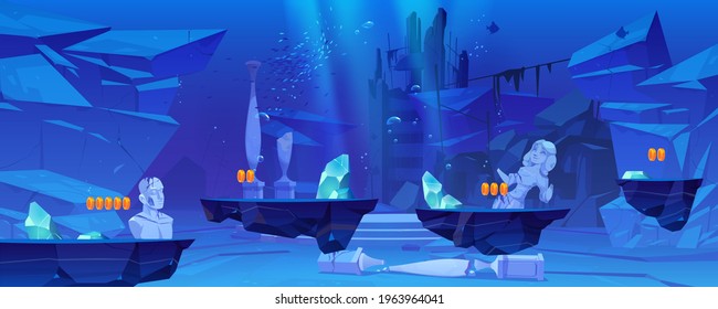 Game level background with platforms under water in sea or ocean. Underwater landscape with ancient ruins, old sunken architecture. Vector 2d interface of arcade game with cartoon illustration