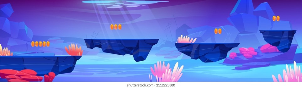 Game level background with platforms underwater in sea. Vector 2d interface of arcade game with cartoon illustration of ocean bottom landscape with marine plants and broken sunken ships