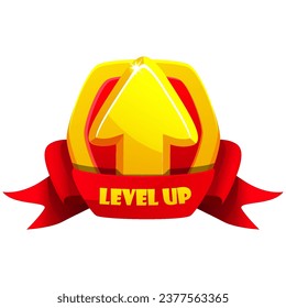 Game level up badge icon. Vector bonus rank reward emblem with golden raising arrow, award ribbon, and shield.