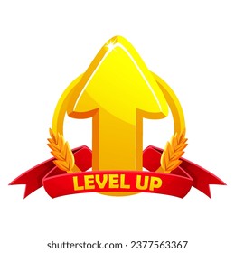 Game level up badge icon. Vector bonus rank reward emblem with golden raising arrow and award ribbon