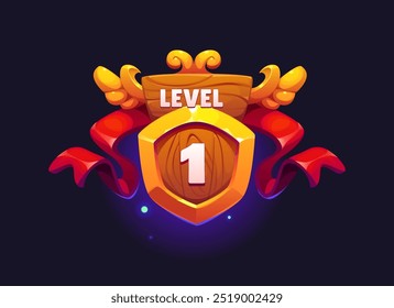 Game level up badge icon of victory rank shield for GUI interface popup, vector banner. 1 level up badge with wooden shield and ribbon for arcade video game and first level achievement reward