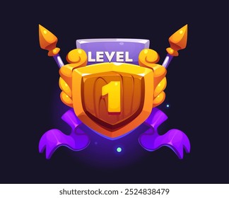 Game level up badge icon, victory rank shield, featuring a number one emblem with spears and purple ribbons. Vector trophy representing gaming achievements, rewards, and victory ranks in video games