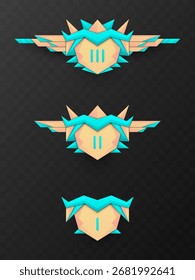 Game Level Badge Set in Peach and Aqua Blue, Fantasy Game UI Design Elements for Gamers