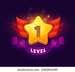 Icono de nivel de juego arriba y ganar. Estrella de oro vectorial, alas rojas y pancarta morada. Bonos de casino, recompensa de rango, victoria, trofeo del premio al éxito, regalo sorpresa para el ganador de una aplicación móvil ui o gui