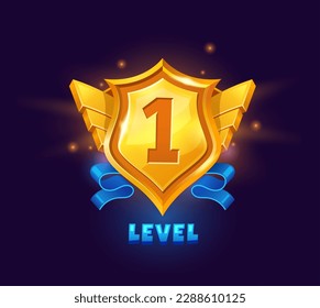 Game level up badge and win icon. Vector bonus rank reward emblem with number one in golden shield with wings and blue ribbon. Winner evaluation ui or gui app element, user interface rate achievement