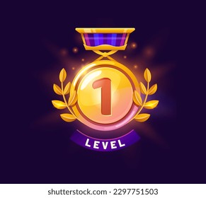 Game level up badge and win icon. Arcade success rank sign, game task complete winner or casino level up celebration vector symbol. Gaming victory prize, first place golden medal with laurel wreath