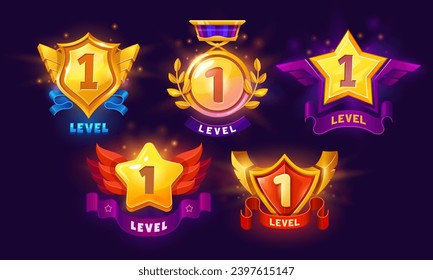 Game level up badges, award icons. Cartoon vector online gamer reward points. Golden trophy medal, shields and stars with number one, laurel and ribbons. App ui pop up level complete winner prize