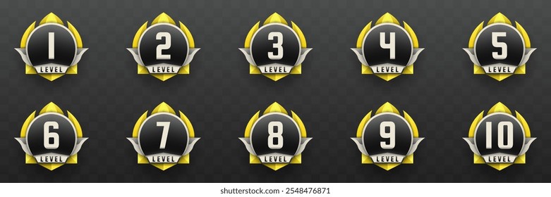 Insignias de nivel de juego en color negro, plateado y amarillo para Diseños de interfaz de usuario del juego