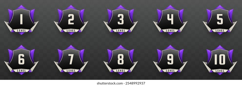 Insignias de nivel de juego en color negro, plateado y púrpura para Diseños de interfaz de usuario del juego