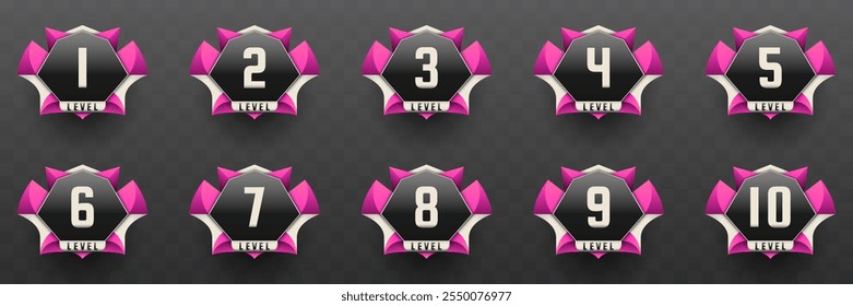 Insignias de nivel de juego en color negro, plateado y rosa para Diseños de interfaz de usuario del juego