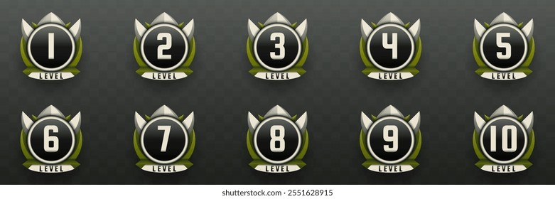Game Level Up Badges in Black, Silver and Olive Green Color-Themed for Game UI Designs